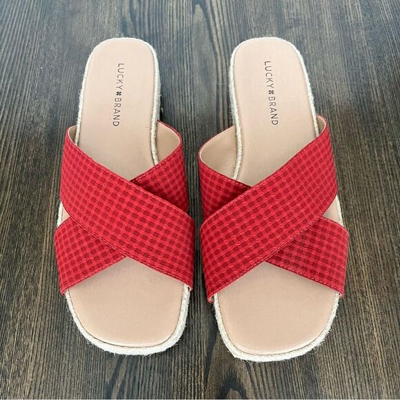 Lucky Brand Gayte Checked Seersucker Slide/Sandals-Garnet Women’s Sz 8.5 - Picture 1 of 8